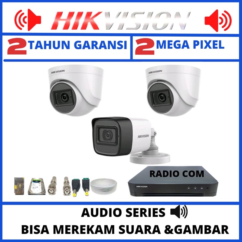 paket cctv hikvision 4 channel 3 camera 2mp 1080p turbo hd tvi