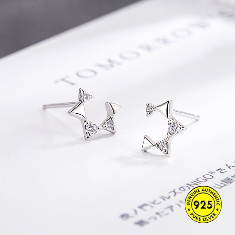 Anting Tusuk Sterling Silver Model Pentagram Terbuka Aksen Berlian Mini Untuk Wanita