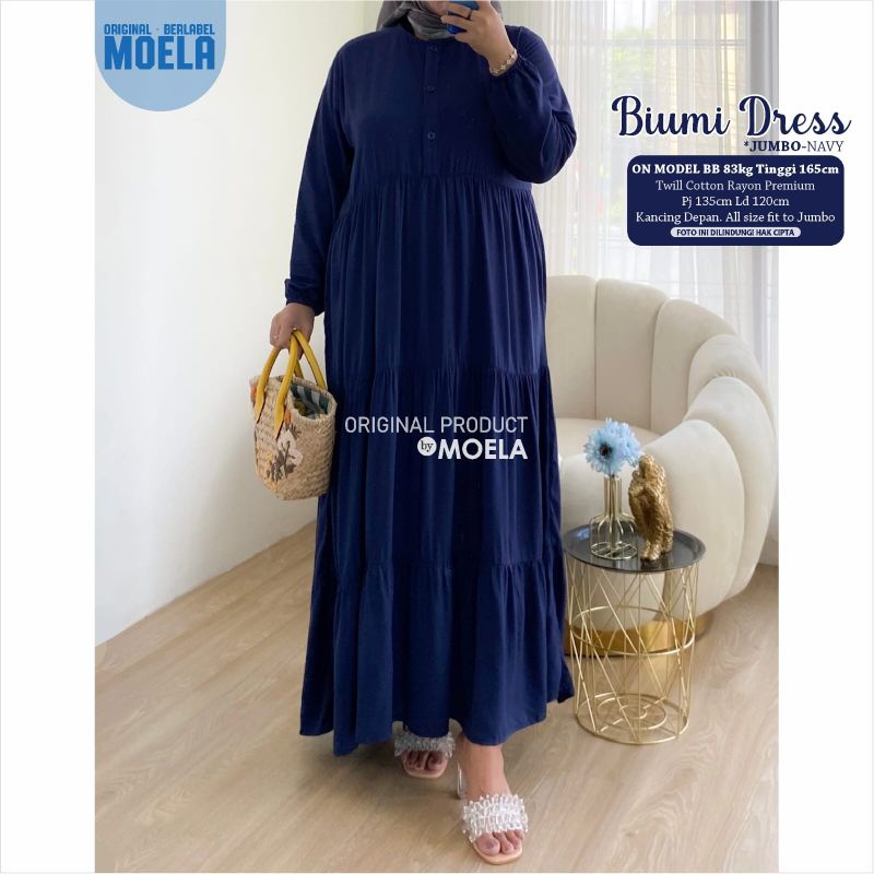 Biumi Dress Gamis Polos Jumbo Allsize Busui Premium Twill Catton Rayon Original Ori Moela Berlabel-Biumi navy