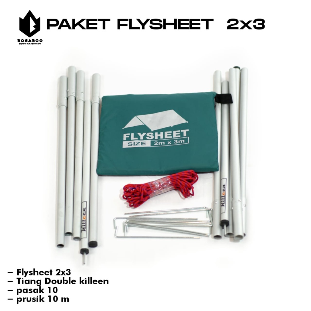 BISA (COD) PAKET Tiang Double Killeen + Flysheet 2x3 + Tali Perusik 10 M + Pasak 10Pcs