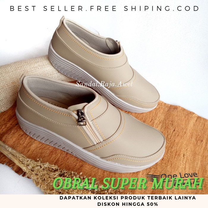 Sepatu Wanita Wedges sepatu wanita kekinian ORI ONE LOVE hak 4cm - Krem, 36