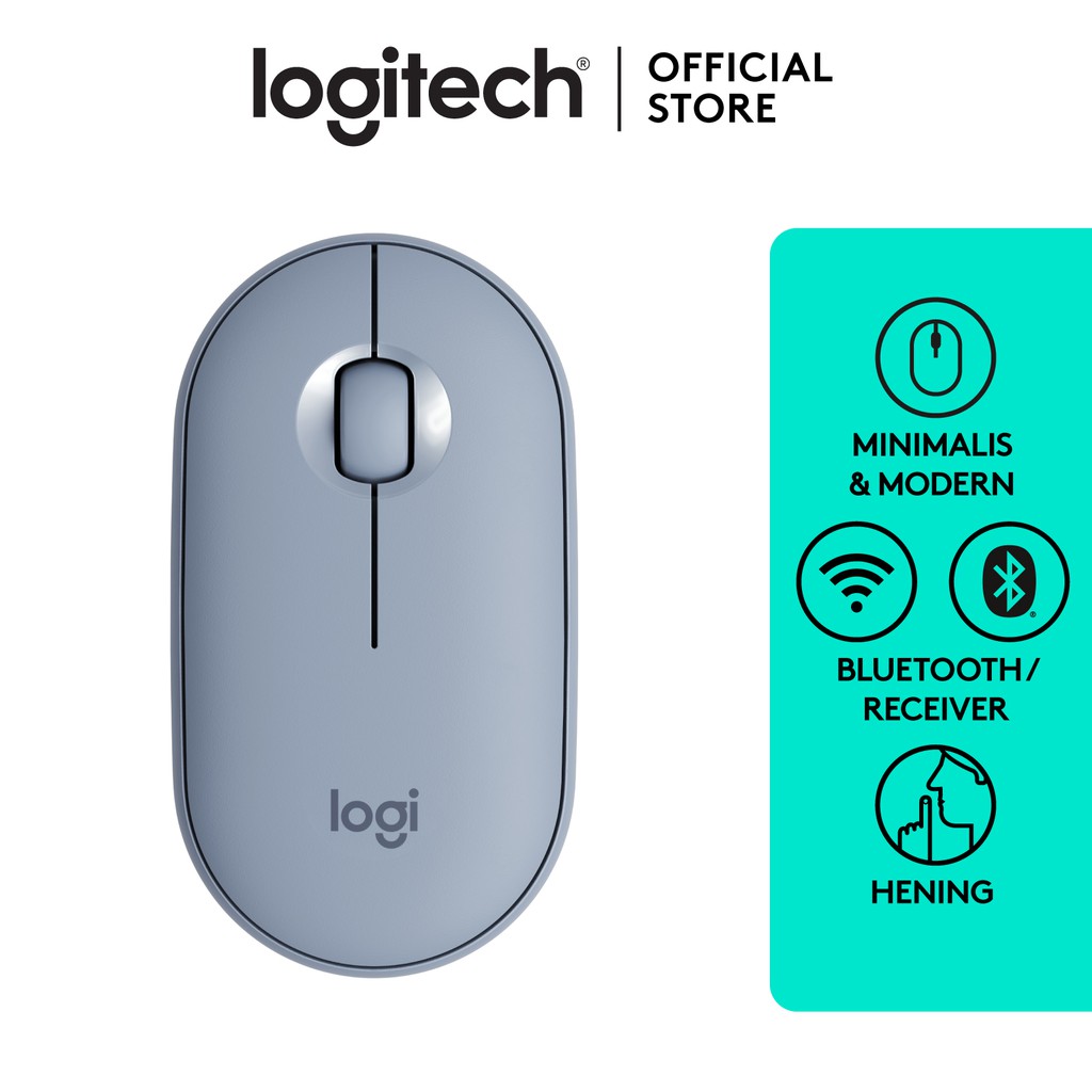 Logitech Pebble M350 Mouse Wireless Bluetooth untuk Windows, Mac, Chrome OS, Android, iOS, Slim, Silent – Blue Grey