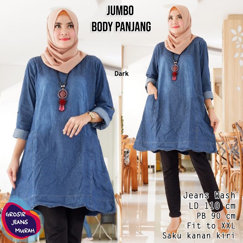TUNIK WANITA JEANS JUMBO BODY PANJANG ATASAN TERBARU KEKINIAN