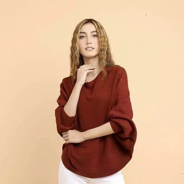 Rajut Batwing Polos Casual Baju Atasan Muslim Wanita Kerja Jalan- Jalan  Halus Size L