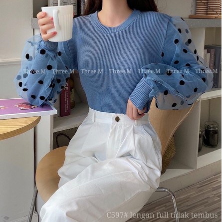 HOPYLOVY - Atasan Wanita Knit Polka Blouse Lengan Panjang Narima