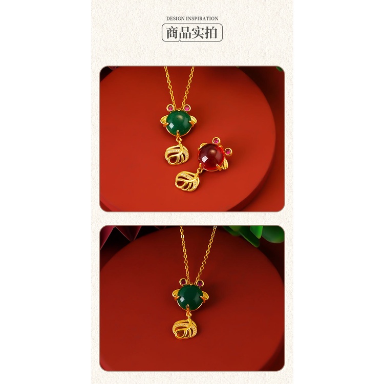 Kalung Lapis Emas Emas Asli Kadar 375 Dengan Liontin Ikan Mas Ruby Emerald Untuk Wanita