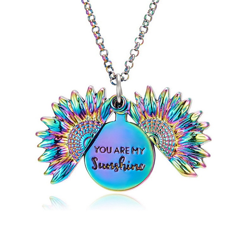 【Ready Stock】Vintage Women Gold Silver Rose Gold Pendant Lover Couple Necklaces You Are My Sunshine Open Locket Sunflower Long Necklace