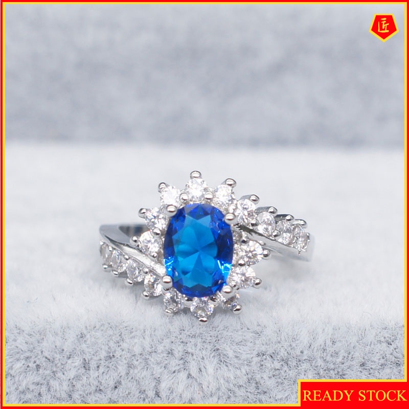 [Ready Stock]Fully-Inlaid Moissanite Blue Gemstone 925 Silver Ring