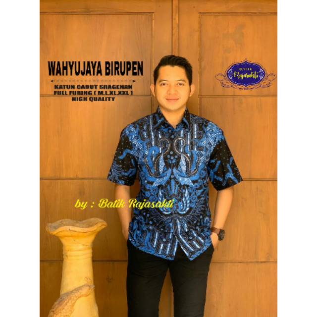 SEMULUR BIRU PENDEK Kemeja Batik Pria Katun Sragenan Full Furing