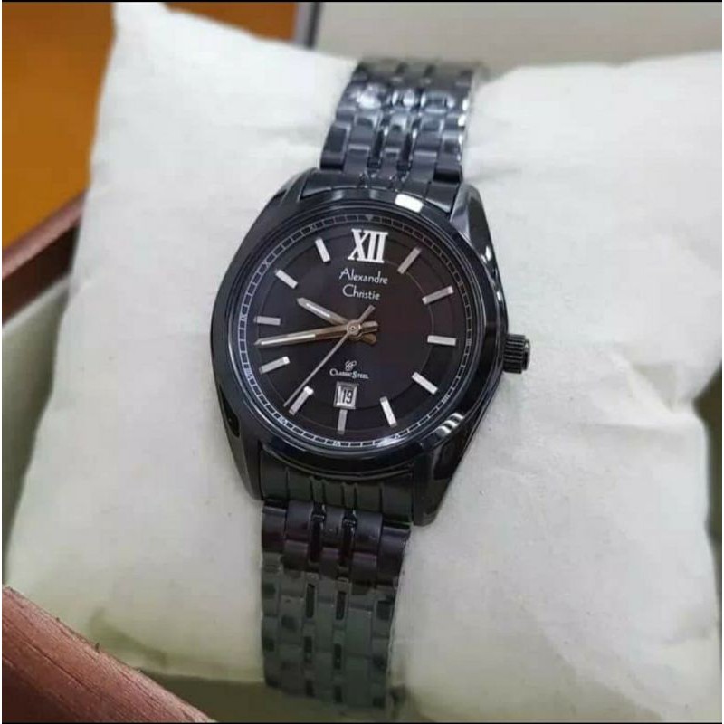 ORIGINAL GARANSI RESMI JAM TANGAN WANITA ALEXANDRE CHRISTIE FULL BLACK RANTAI STAINLESS STEEL ARLOJI