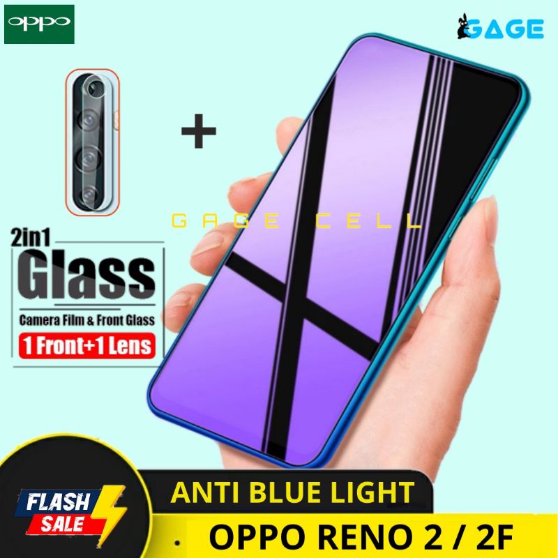 2in1TEMPERED GLASS ANTI BLUE LIGHT OPPO RENO 2 2F FULL LAYAR KAMERA SCREEN PROTECTOR