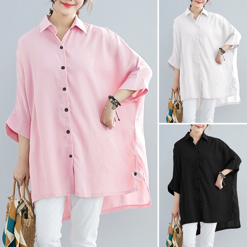 ZANZEA Women Casual Turn-Down-Collar Solid Color Long Button Down High Low Blouse