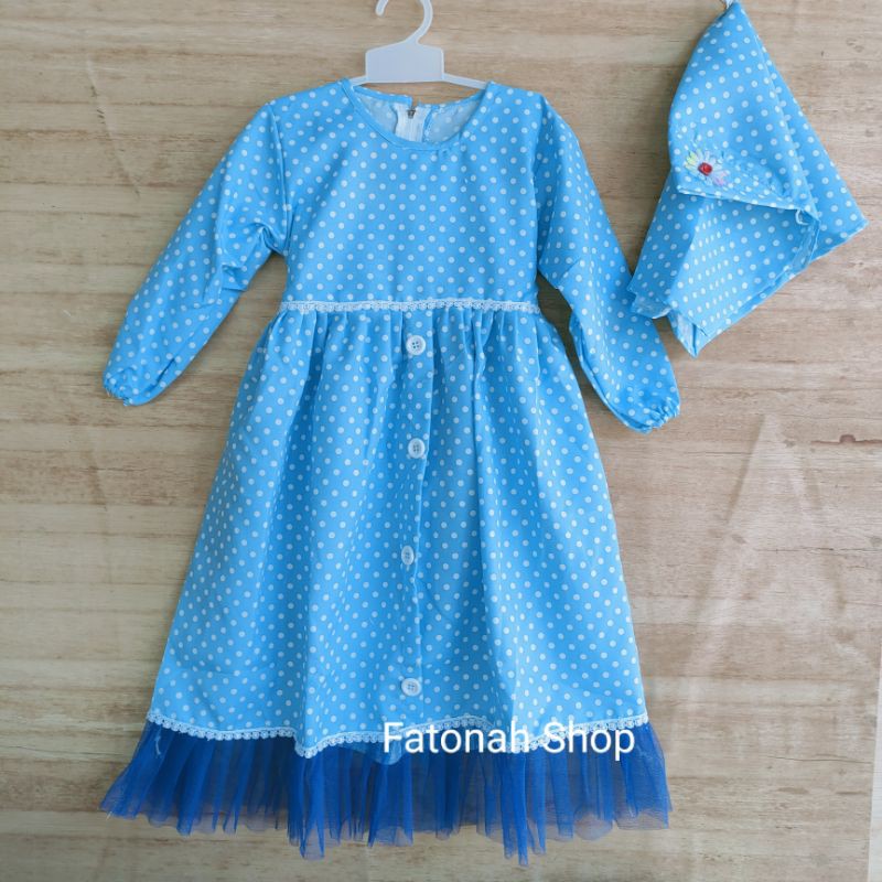 Gamis anak 3 4 tahun polka tutu bonus jilbab rempel lucu polkadot tutul ( gamis polka tutu imut )