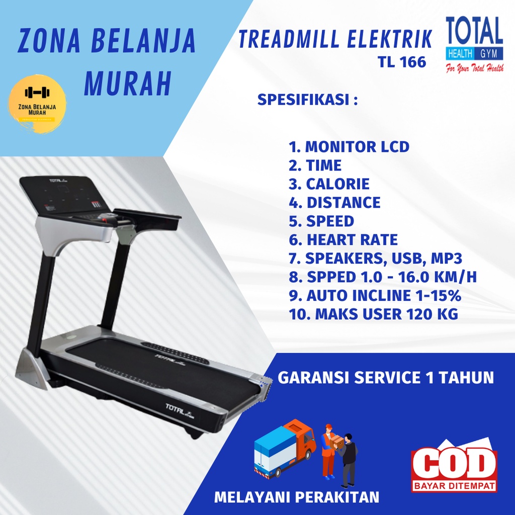 TOTAL FITNESS Alat Fitnes Lari Treadmill Elektrik 3 hp TL 166