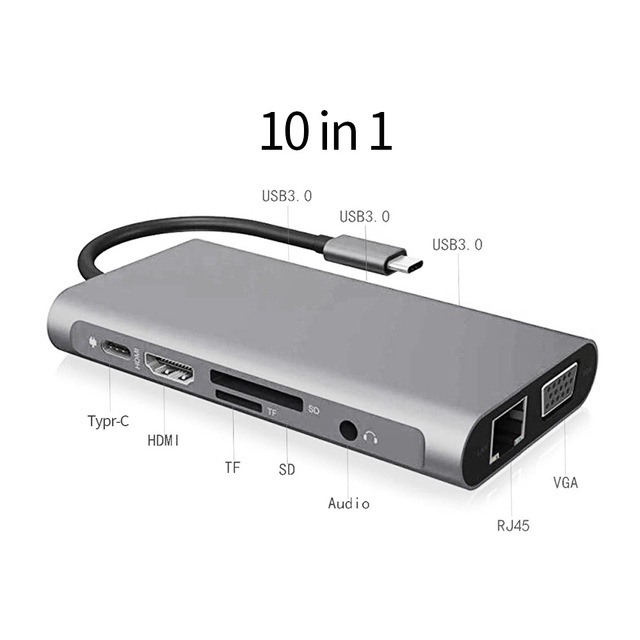 [Ready stock] 10 in 1 Adapter Usb Hub Tipe-C Ke Hdmi 4k Vga Rj45 Lan Ethernet Sd Tf Jack Audio Video Untuk Pro Otg