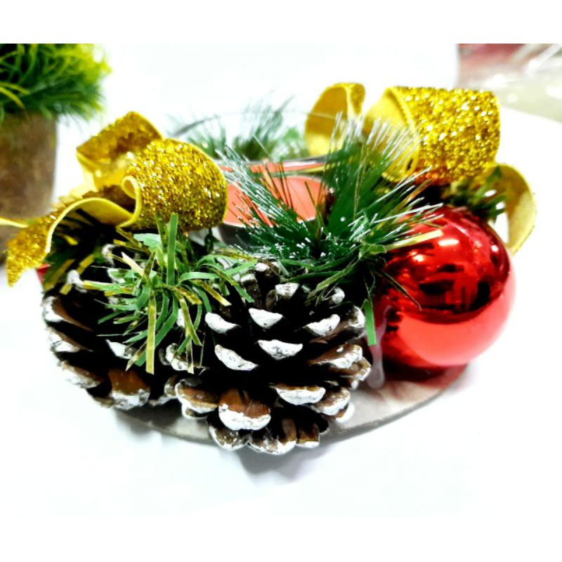 Tempat Lilin Doa Krans Natal Hiasan Dekorasi Kado Natal Pita Gold Pinus Aksesories Lilin