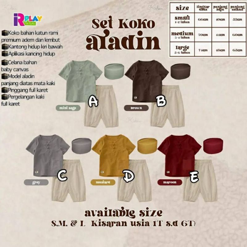 TERLARIS TERSEDIA Set Koko Anak Aladin By IRplay Usia 1 s.d 6 Tahun