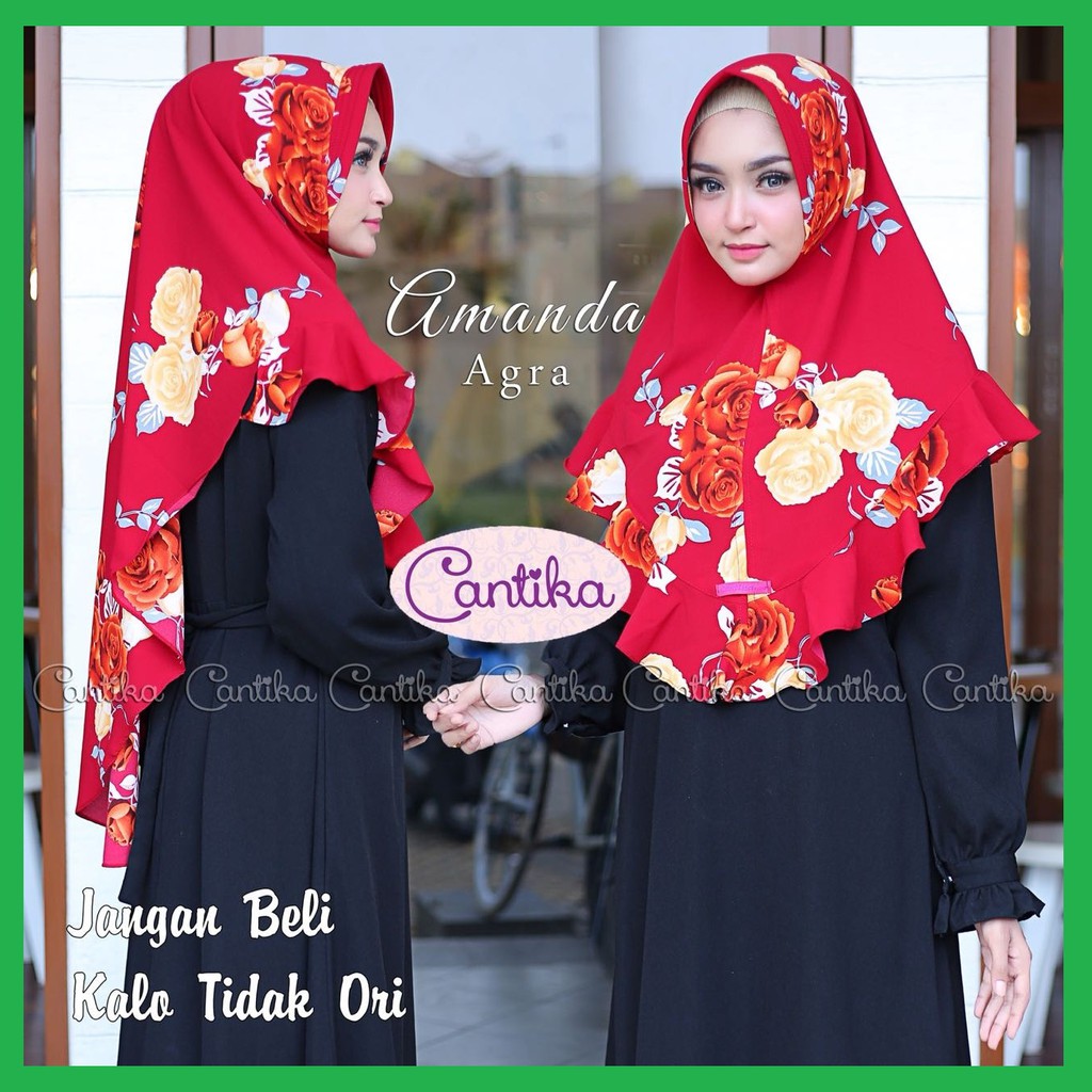 Amanda Agra ✅ Hijab Khimar Instan Ammanda / Kerudung BubblePrint Instan With Pet Motif Bunga Merah