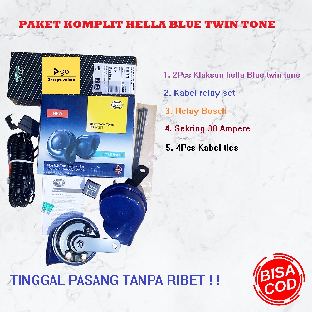 PAKET KOMPLIT Klakson Hella Blue Twin Tone + Kabel Set Relay BOSCH Original