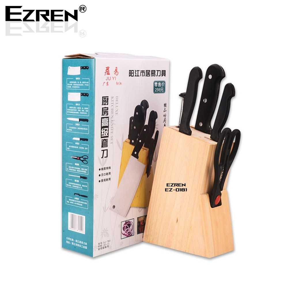 Ezren EZ-0181 Set Dapur 6 Potong Pisau Stainless Steel Kursi Kayu