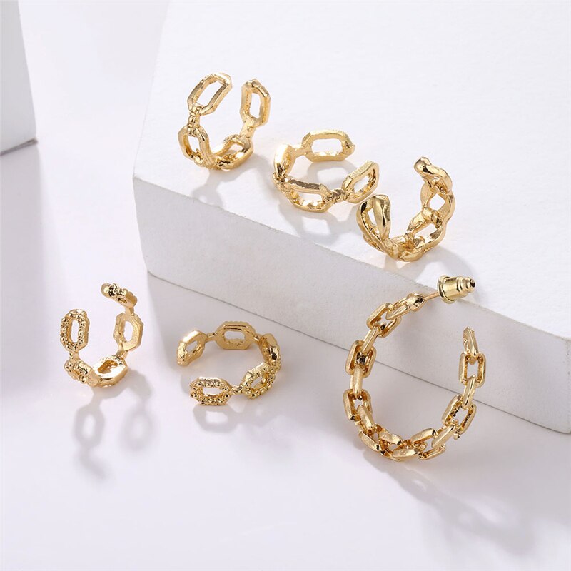 6pcs / Set Anting Rantai Geometris Warna Emas Gaya Punk Rock Untuk Wanita