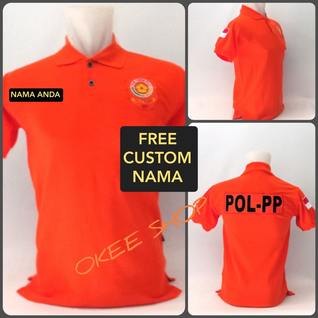 Baju Kaos Pendek Kerah  Orange Pol PP Free Nama