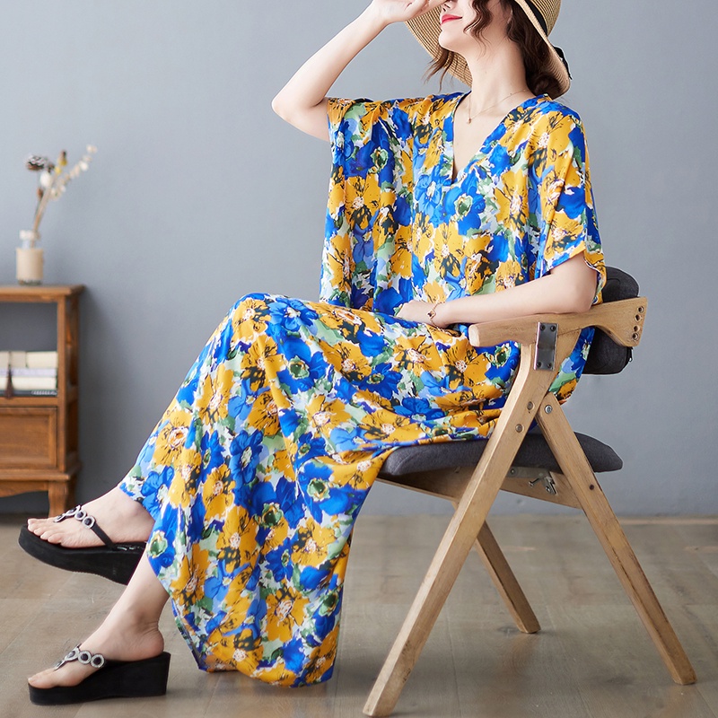 ⭐Dress oversize wanita dress besar motif bunga bunga biru kuning dress import