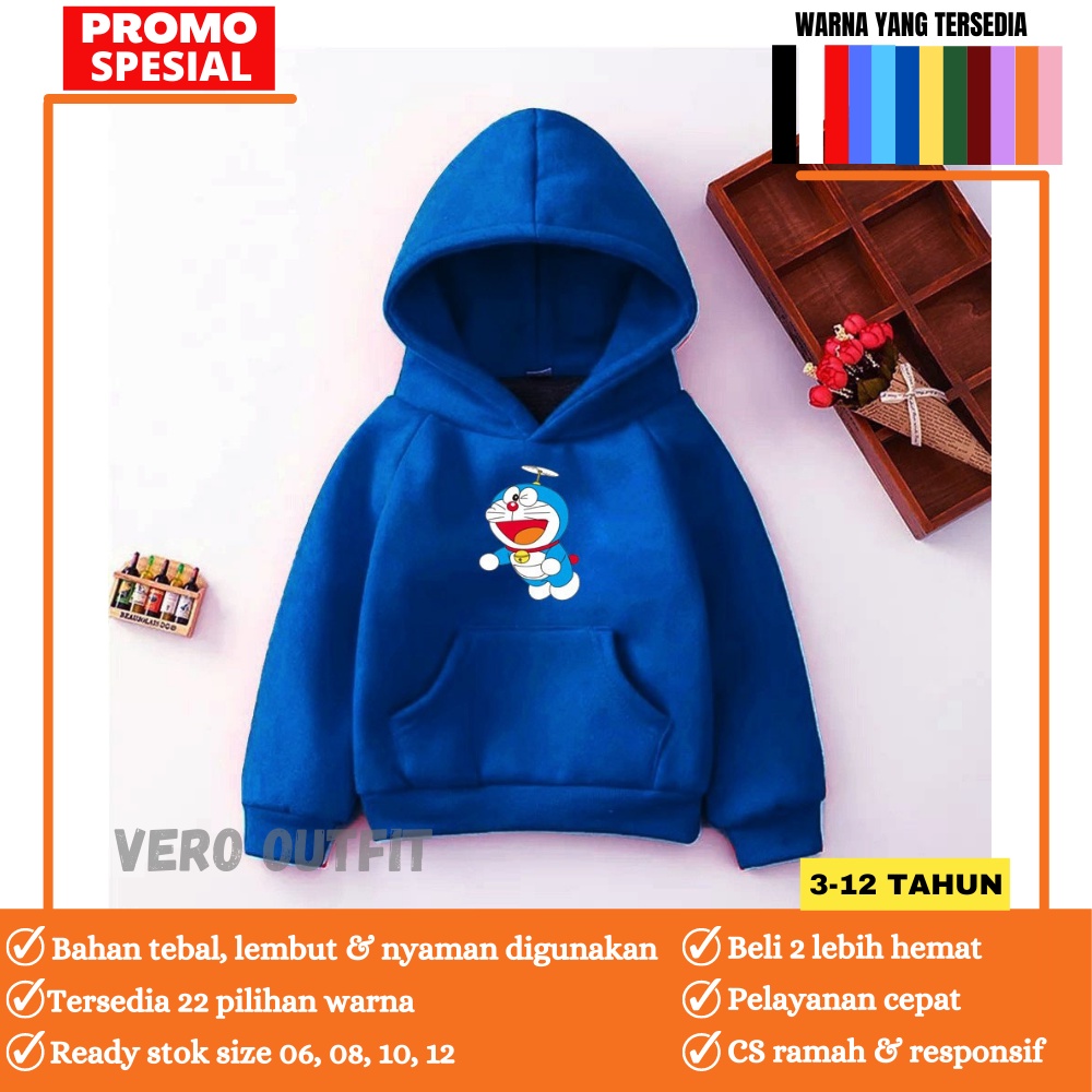 Jaket Hoodie Anak Laki Laki Perempuan Cowok Cewek Kecil Karakter Doraemon Warna Hijau Botol Army Kun
