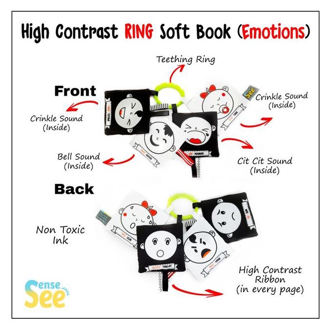 

Cod Aktif High Contrast Ring Soft Book (Emotions) | Buku Bayi| Buku Hitam Putih Sale Kode 60