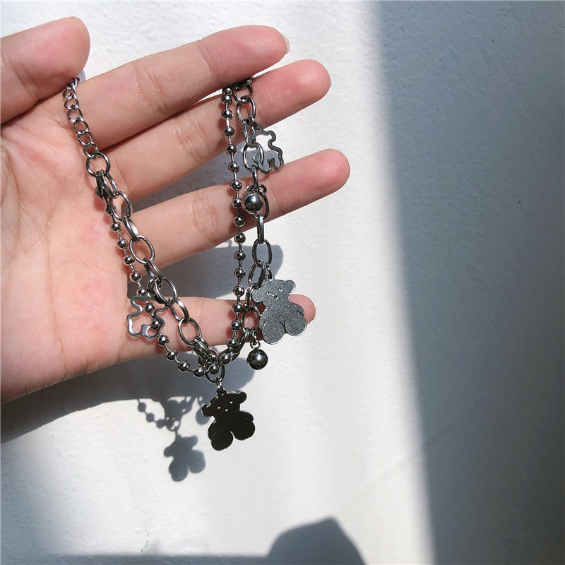 Gelang Rantai Charm Dua Layer Desain Beruang Bahan Tembaga Warna Silver