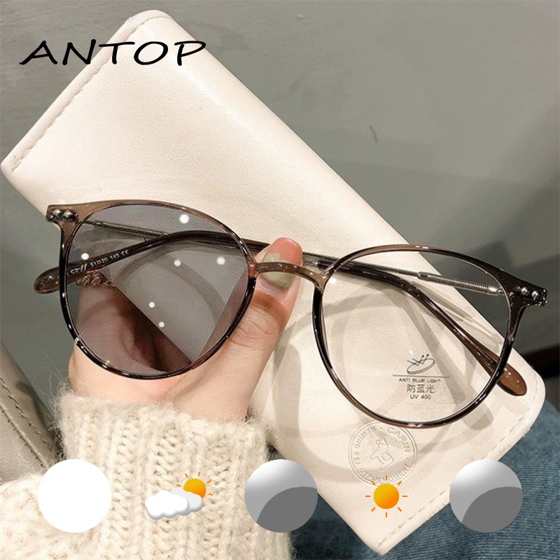 Kacamata Korea Anti Radiasi Photocromic Metal Bentuk Bulat Bahan /Wanita Pria Fotocromic Kacamata Komputer Anti Sinar Matahari Blueray Silau Potocromic Fashion Kaca Mata Versatile Optik Glasses ANTOP