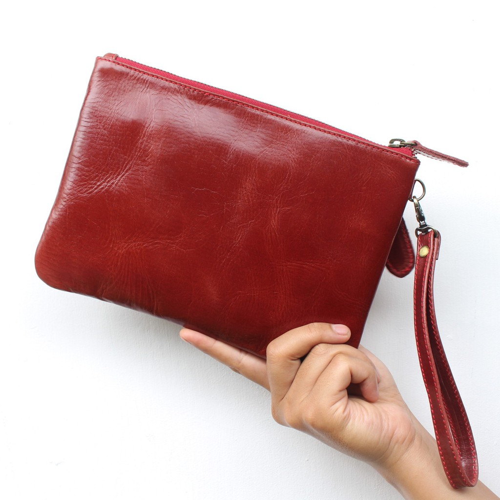 CLUTCH WANITA KULIT SAPI PULL UP ASLI LAILY DOUBLE ZIPPER MAROON / FREE GRAVIR NAMA