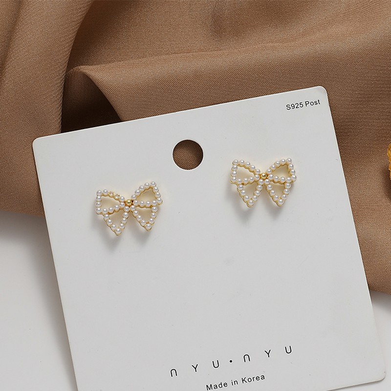 Anting S925 Silver Bentuk Pita Aksen Mutiara Gaya Korea