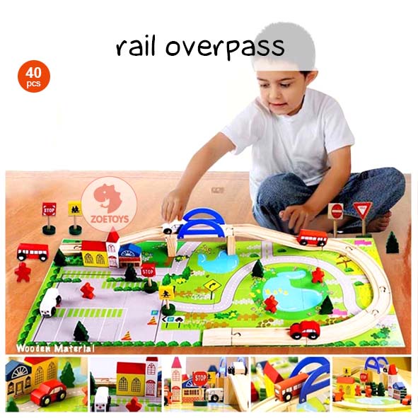 Zoetoys Rail Overpass 8 Glyph Track | Wooden Track Race Railway Pretend Play Toys | Kereta Balok Kayu Mobil mobilan Lalu Lintas | Edutoys | Mainan Set Cari Kado Natal