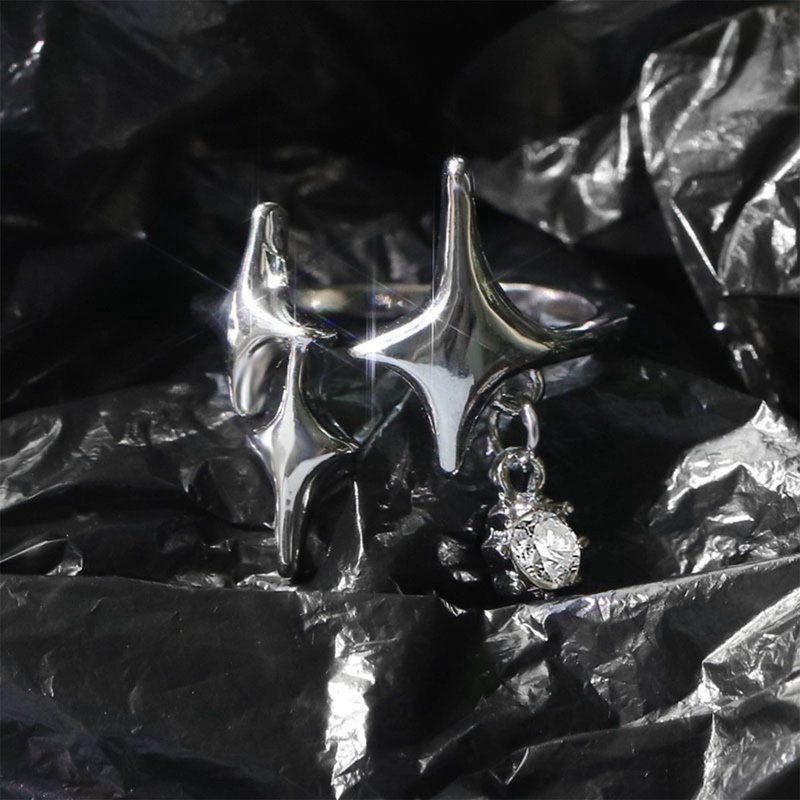 Cincin Silver Punk Handmade Adjustable Desain Bintang Hias Zircon Untuk Wanita