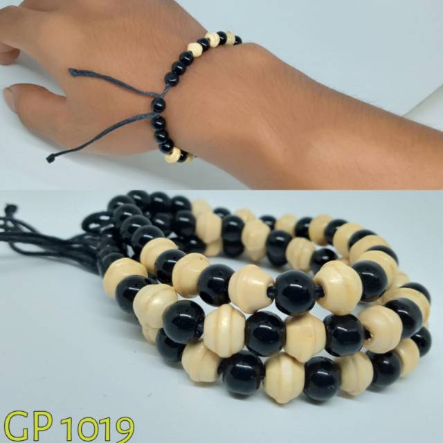 GP1019 BRACELET HITAM CREAM| GELANG ETNIK MIX KAYU &amp; BATU | KIIYOOMII