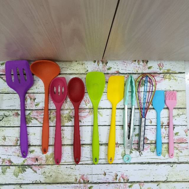 Rainbow silicone spatula cooking utensil set 10s / alat masak tanpa sambungan