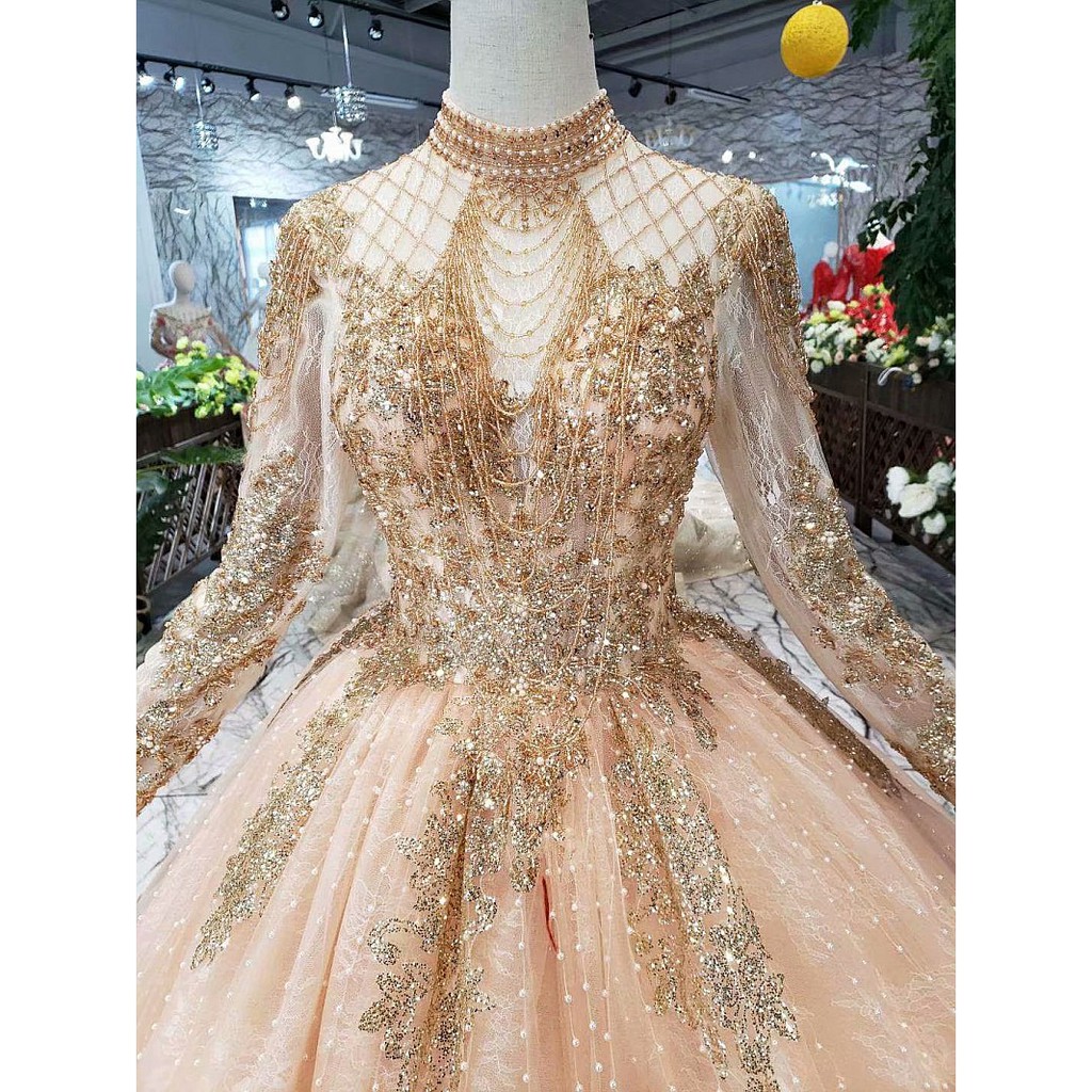 Emas Gaun Pengantin Lengan Panjang Muslim kerah tinggi Wedding Party Bridal Dress