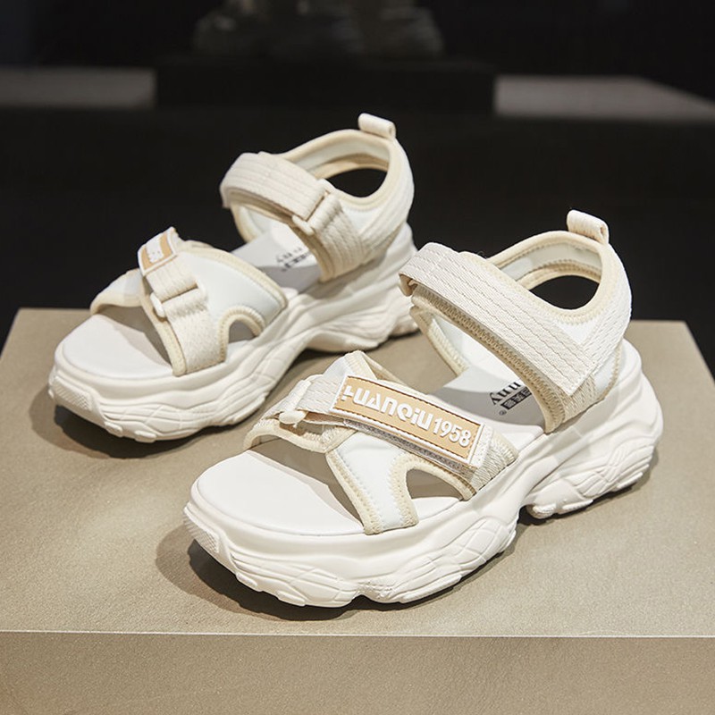 Sandal Wanita Wedges Outsole 5cm Velcro Sendal Cewek Elegan Model Terbaru Korean Style Murah-BEIGE