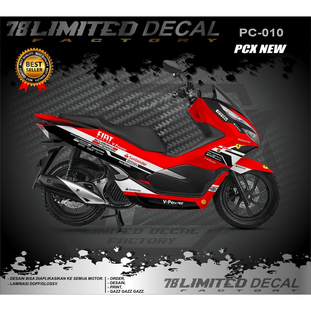 Sticker Decal PCX 150 Full Body_Dekal Stiker Honda PCX 150 Desain FERARRI MERAH VARIASI STIKER STRIP