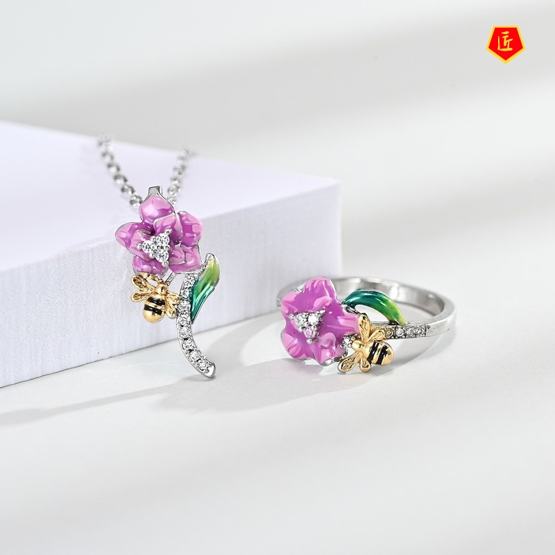 [Ready Stock]Bee Two-Tone Earrings Pink Flower Necklace Ring Set