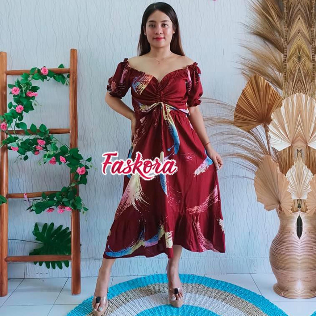 Dress Jumbo Casual Sabrina Kerut Dada Wanita Panjang Rayon Bali Motif Polos Bulu