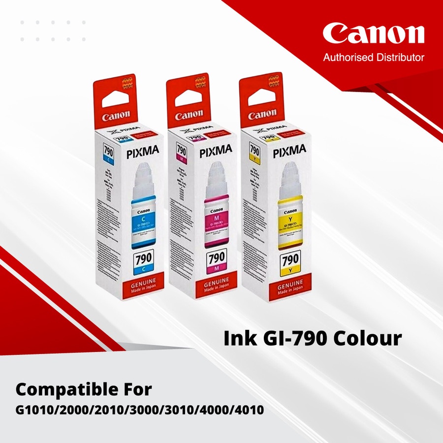 Canon Ink Bottles GI-790 Black Color | Hitam Warna ( BK Black Yellow Magenta Cyan) ( Hitam Kuning Merah Biru )Tinta Botol G1000 G2000 G3000 G1010 G2010 G3010 G4010 - Genuine Product
