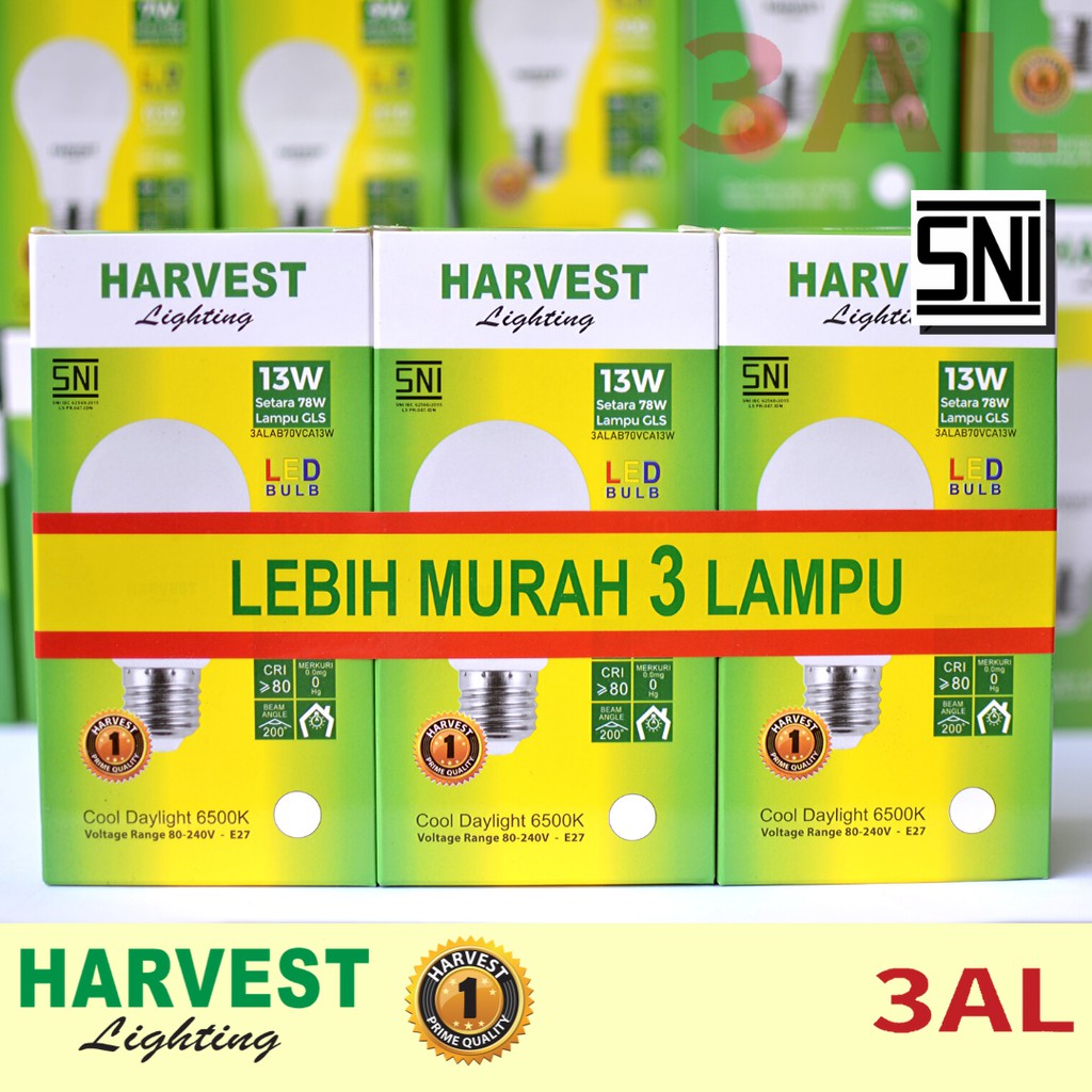 13W - Paket Isi 3 - HARVEST LIGHTING Lampu Bohlam LED A Bulb  13 Watt Lampu Hemat Energi Original Bersertifikasi SNI dan Bergaransi