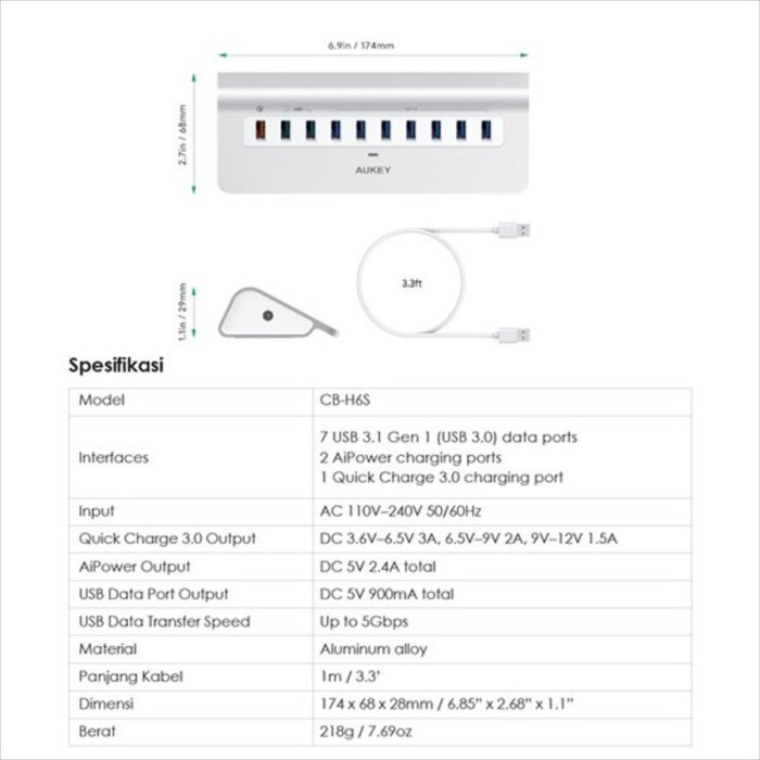 USB Hub Aukey CB-H6S 3 Charging Ports &amp; 7 USB 3.0