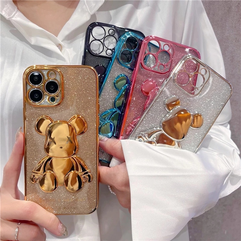 Casing Soft Case iPhone 11 12 13 Pro MAX XR XS MAX 7 + 8Plus XX 6D Motif Beruang Glitter