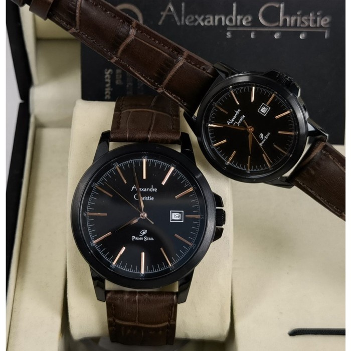 Jam tangan couple Alexandre Christie AC 1008 AC1008 leather black brow