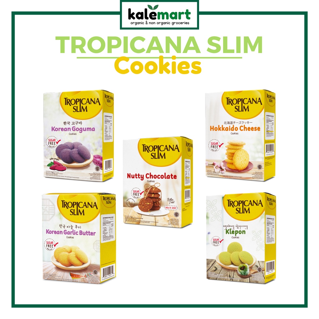 

Tropicana Slim Cookies Sugar Free - Klepon - Korean Garlic Butter - Hokkaido Cheese - Nutty Chocolate - Korean Goguma -