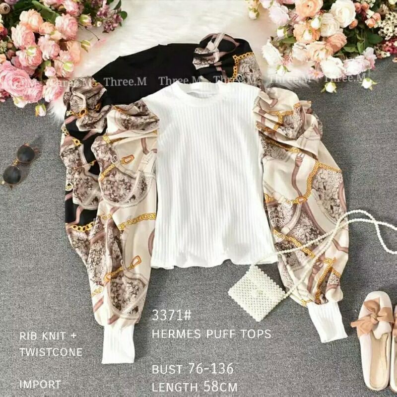 Rere Puff top blouse rajut lengan balon wanita import/ Baju blouse rajut cewek kekinian baju rajut