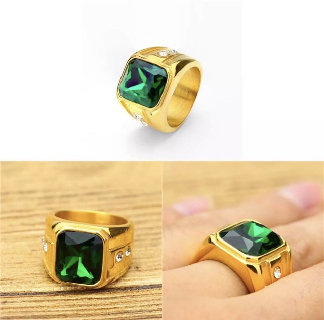 Cincin Pria Titanium Zamrud Hijau Green Emerald Ring Warna Emas Octagon Mewah Minimalis